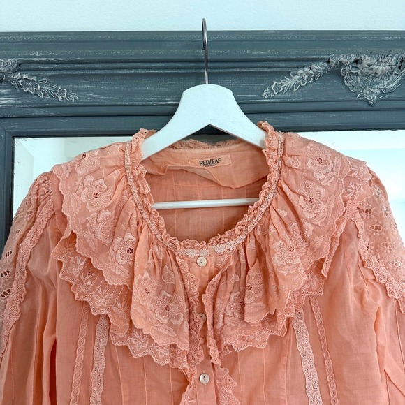 Vintage 70s Red Leaf Victorian Eyelet Lace Ruffle Blouse Prairie Cottagecore L - Picture 2 of 7